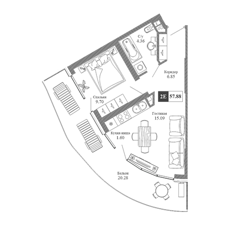 2 комнатная 57.88м²