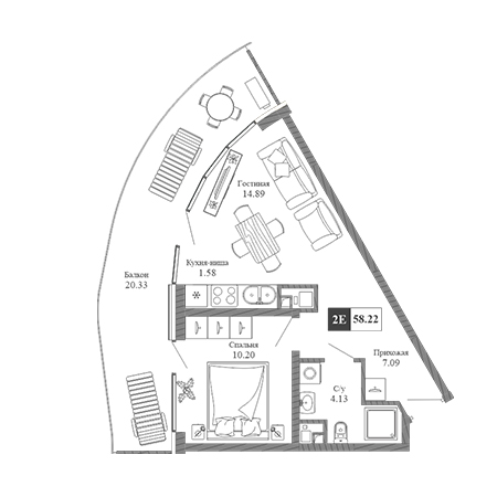 2 комнатная 58.22м²