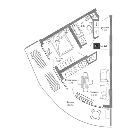 2 комнатная 57.64м²