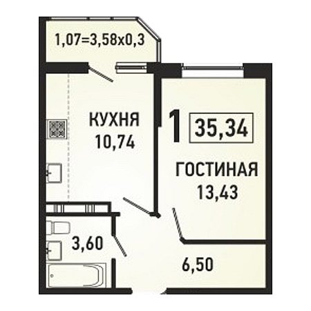 1 комнатная 35.34м²