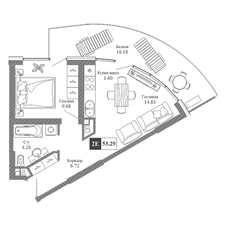 2 комнатная 53.29м²