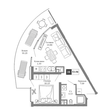 2 комнатная 53.98м²