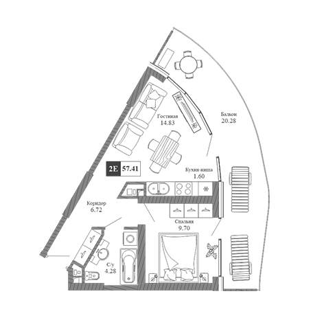 2 комнатная 57.41м²