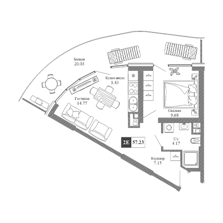 2 комнатная 57.23м²