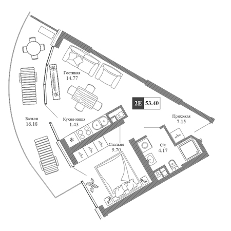 2 комнатная 53.4м²