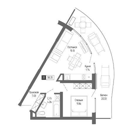 2 комнатная 58.35м²