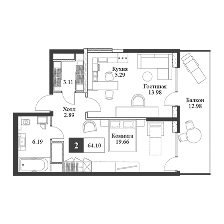 2 комнатная 64.1м²