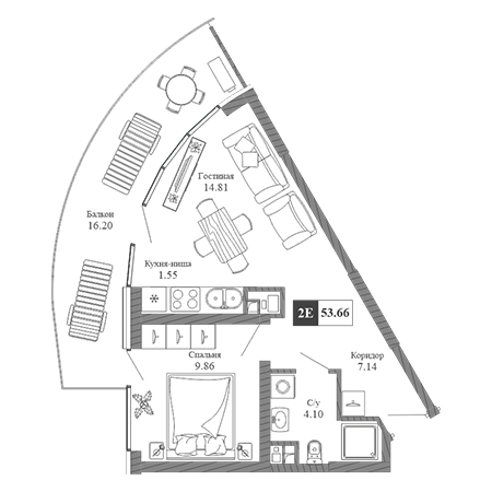 2 комнатная 53.66м²