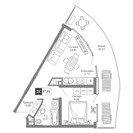 2 комнатная 57.61м²