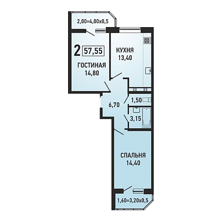 2 комнатная 57.55м²