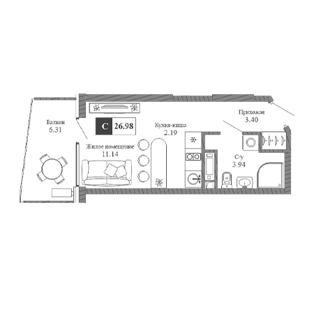 Студия 26.98м²