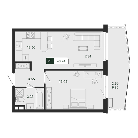 2 комнатная 43.74м²