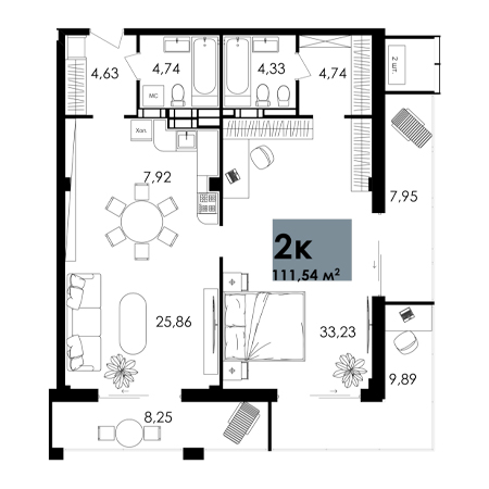 2 комнатная 111.54м²