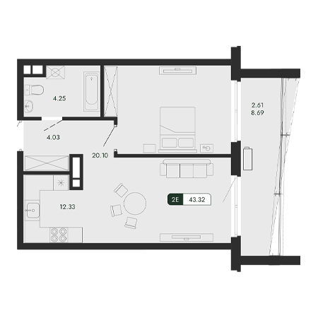 2 комнатная 43.32м²