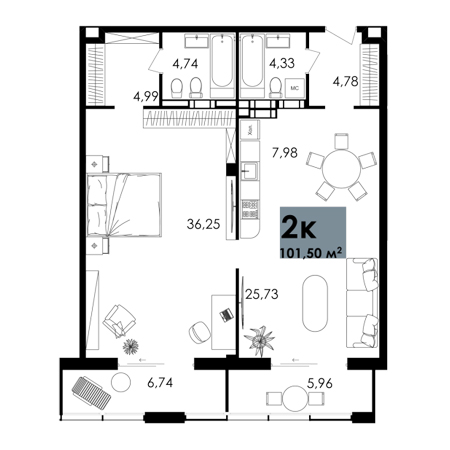 2 комнатная 101.5м²