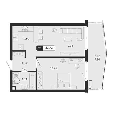 2 комнатная 44.04м²