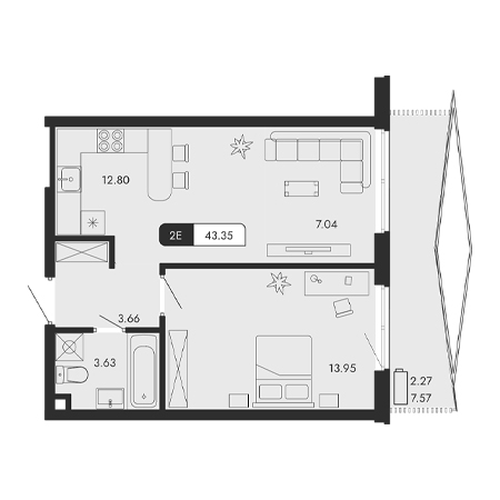 2 комнатная 43.35м²