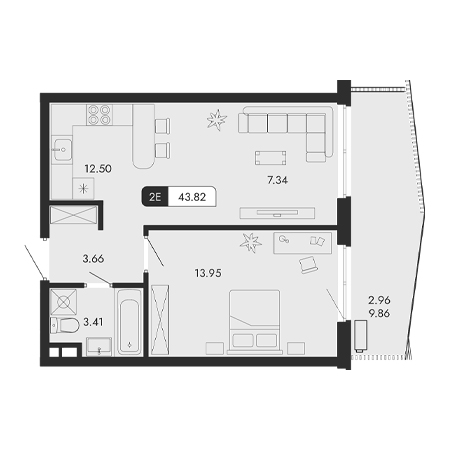 2 комнатная 43.82м²