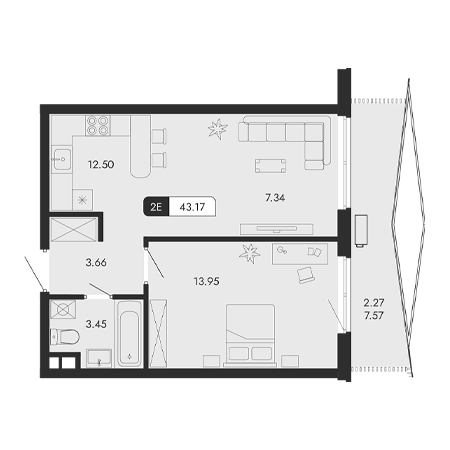 2 комнатная 43.17м²