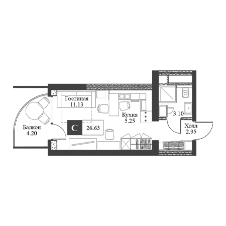 Студия 26.63м²