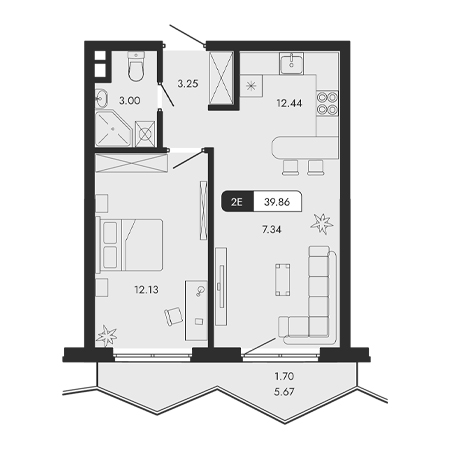 2 комнатная 39.86м²