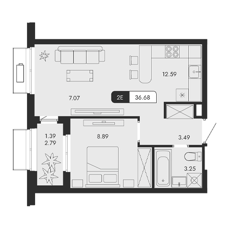 2 комнатная 36.68м²