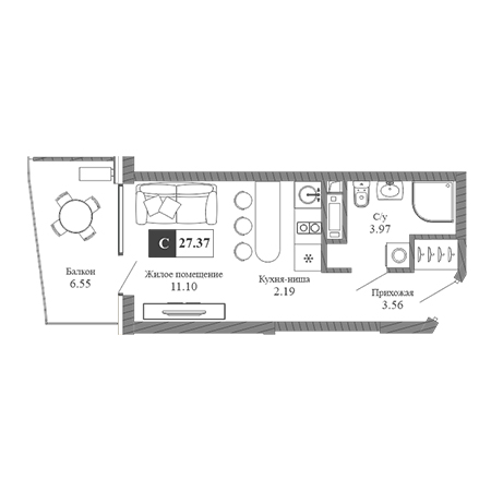 Студия 27.37м²