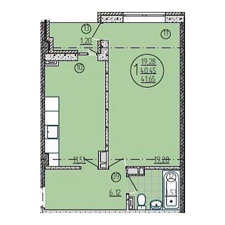 1 комнатная 41.65м²