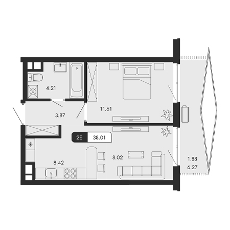 2 комнатная 38.01м²