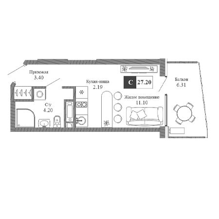 Студия 27.2м²