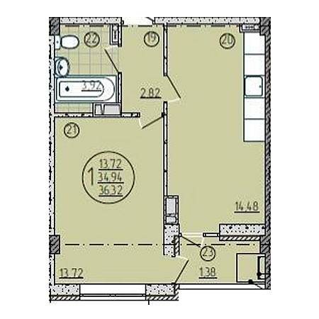 1 комнатная 36.32м²