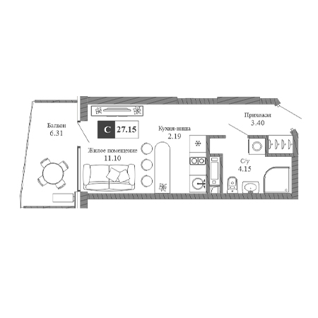Студия 27.15м²