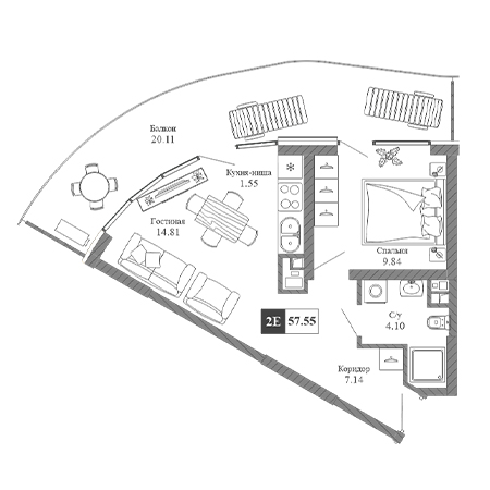 1 комнатная 57.55м²