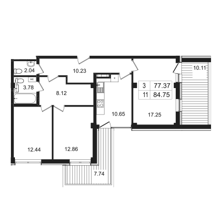 3 комнатная 84.75м²