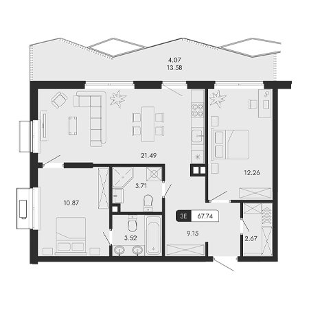 3 комнатная 67.74м²