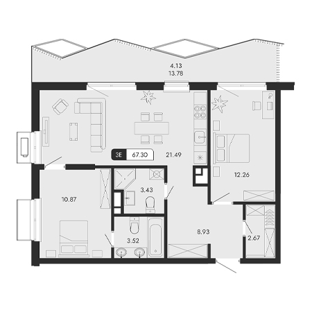 3 комнатная 67.3м²