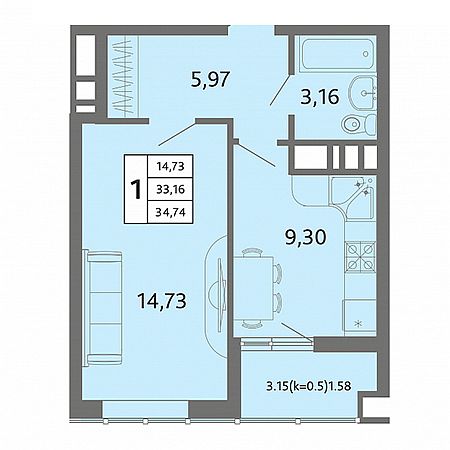 1 комнатная 34.74м²