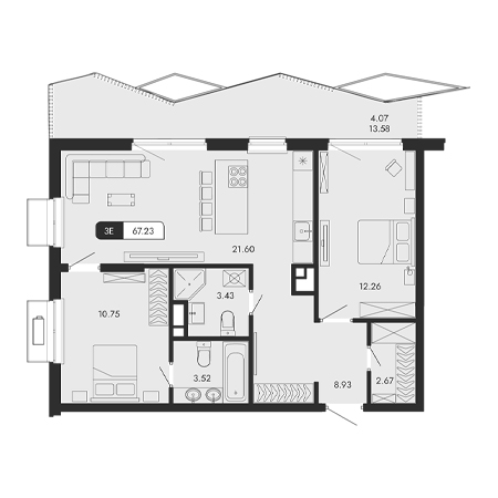 3 комнатная 67.23м²