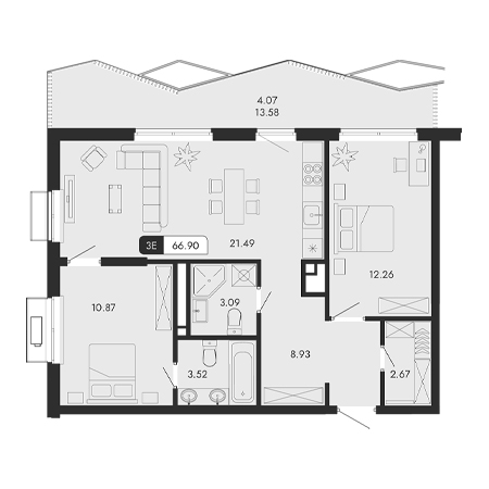 3 комнатная 66.9м²