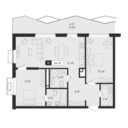 3 комнатная 66.78м²