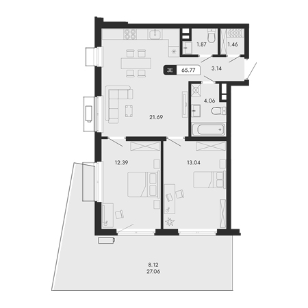 3 комнатная 65.77м²