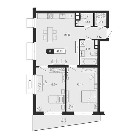 3 комнатная 59.75м²