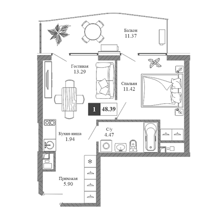 1 комнатная 48.39м²