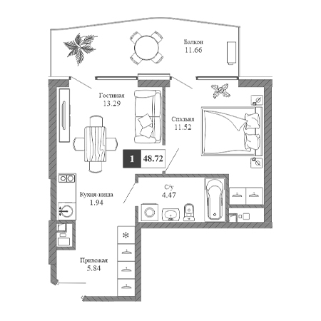 1 комнатная 48.72м²