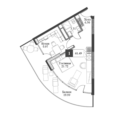 1 комнатная 61.49м²