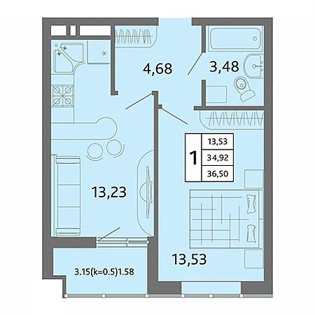 1 комнатная 36.5м²