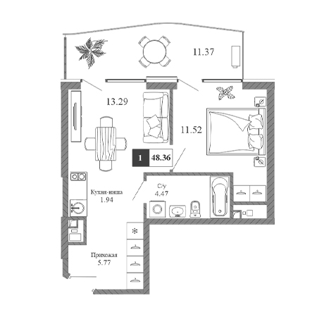 1 комнатная 48.36м²