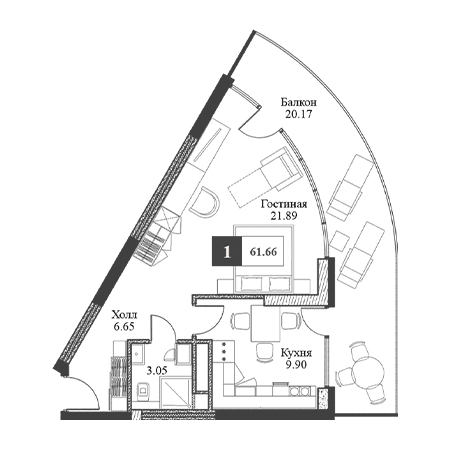 1 комнатная 61.66м²