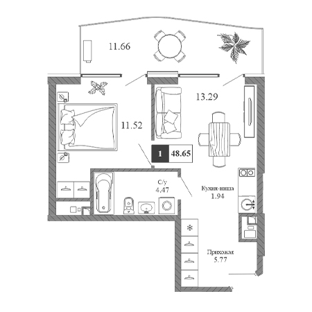 1 комнатная 48.65м²