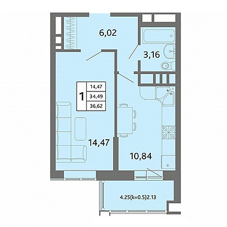 1 комнатная 36.62м²